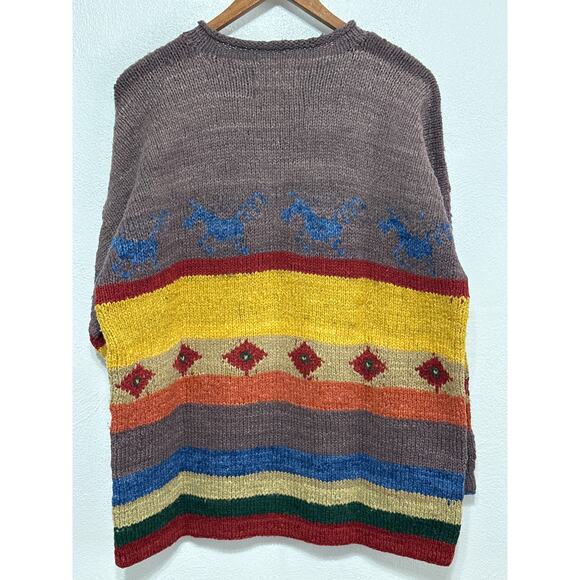 AMANO Equestrian Horse Rainbow Striped 100% Wool Sweater Heavyweight Aztec XL - Picture 7 of 13